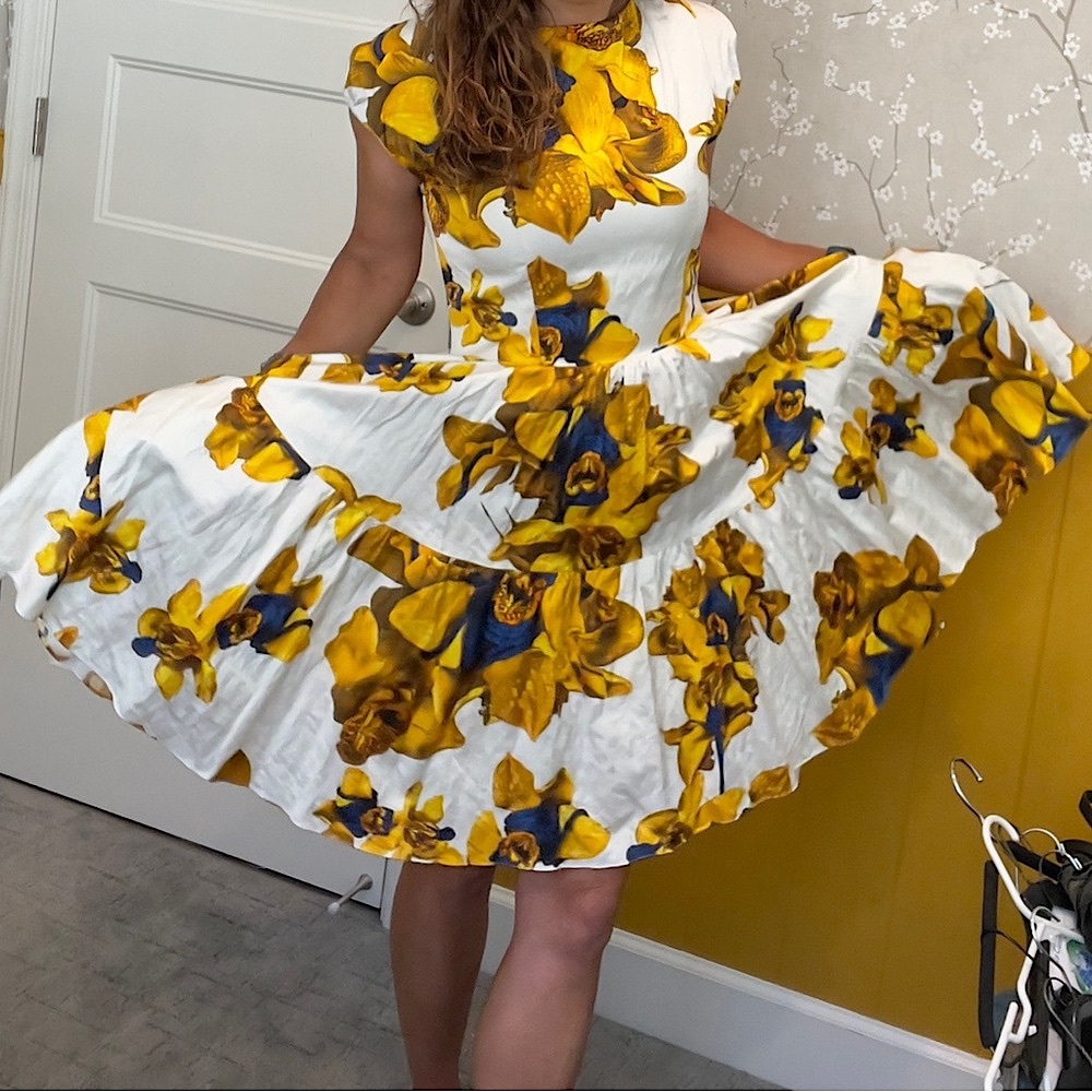Jason Wu Boat Neck, Cap Sleeve Midi Dress White w/ Yellow Abstract Floral Print